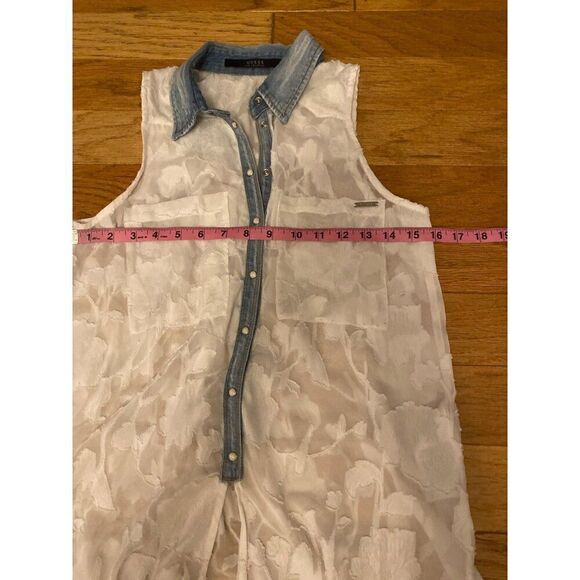 Guess women's white sheer floral denim collared button tied sleeveless blouse XS - Picture 8 of 9